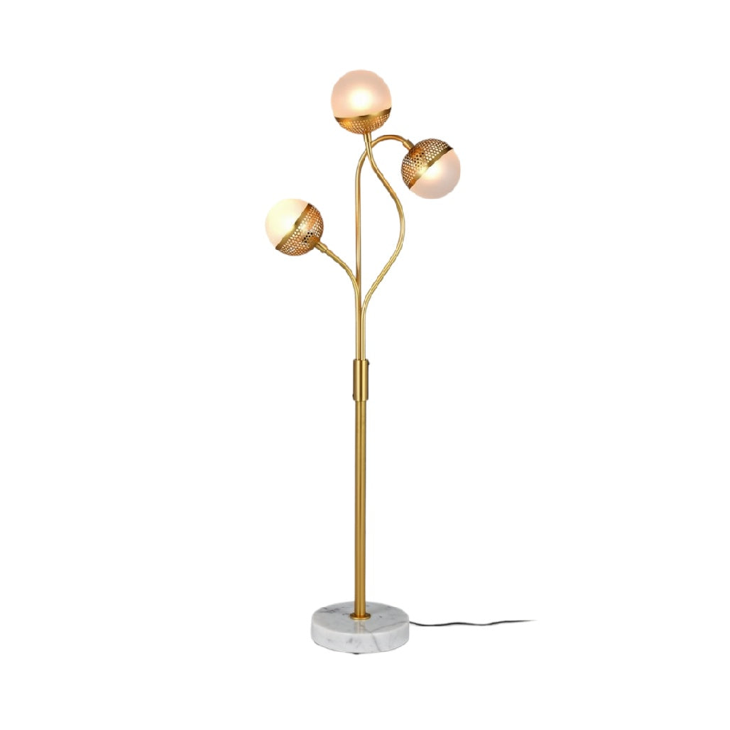 **Luminária de Piso Moderna com Três Esferas em Metal Dourado e Base de Mármore**