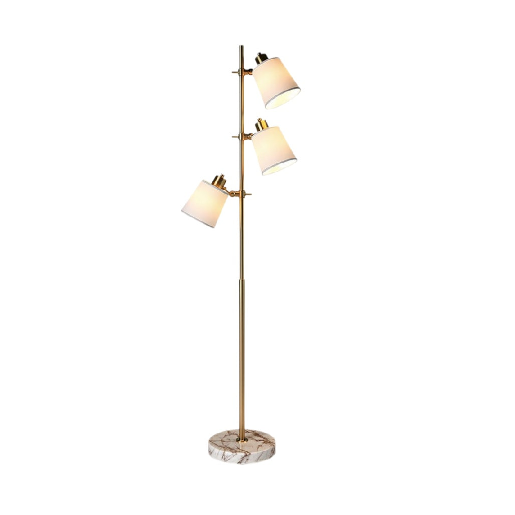 **Luminária de Piso Tripla com Base de Mármore e Abajures Brancos**